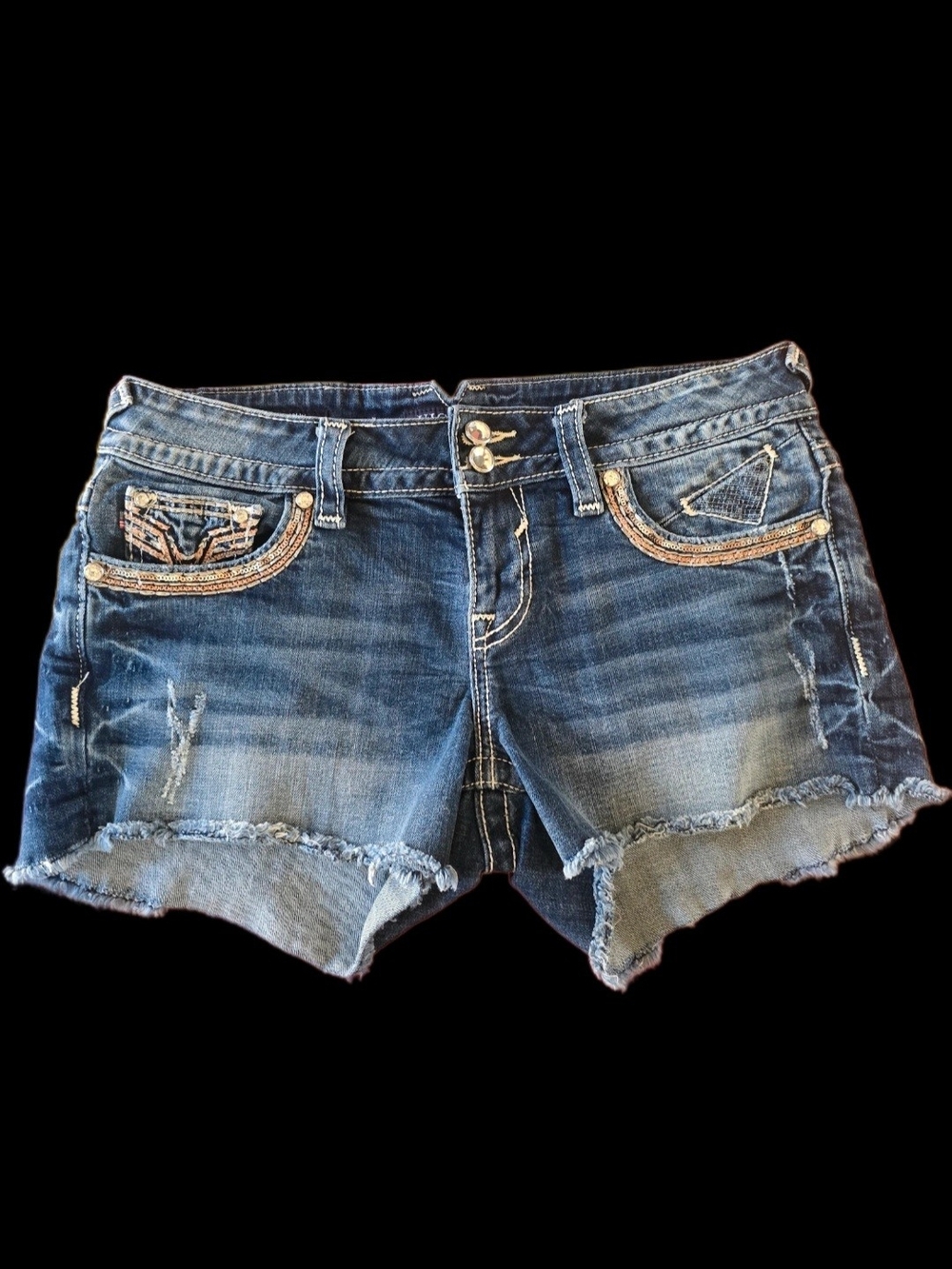 Vigoss Distressed Dark Blue Denim Shorts with Embroidered Pockets